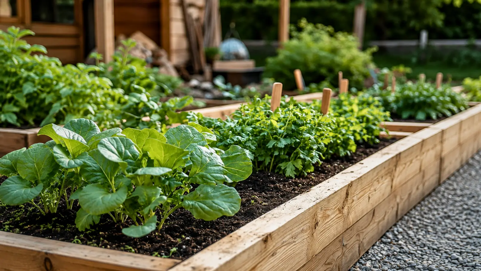 Healthy vegetables and herbs growing in wooden raised garden beds, showing a productive home garden created with basic planting and ongoing gardening care
