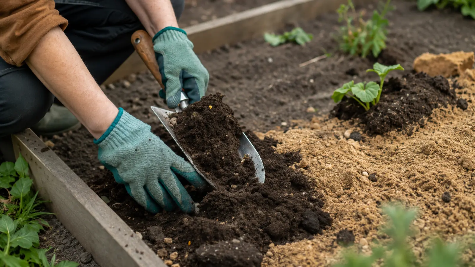 Gardener working soil with a hand trowel in a raised garden bed, demonstrating soil preparation and essential gardening techniques for beginning home gardeners Gardening for Beginners