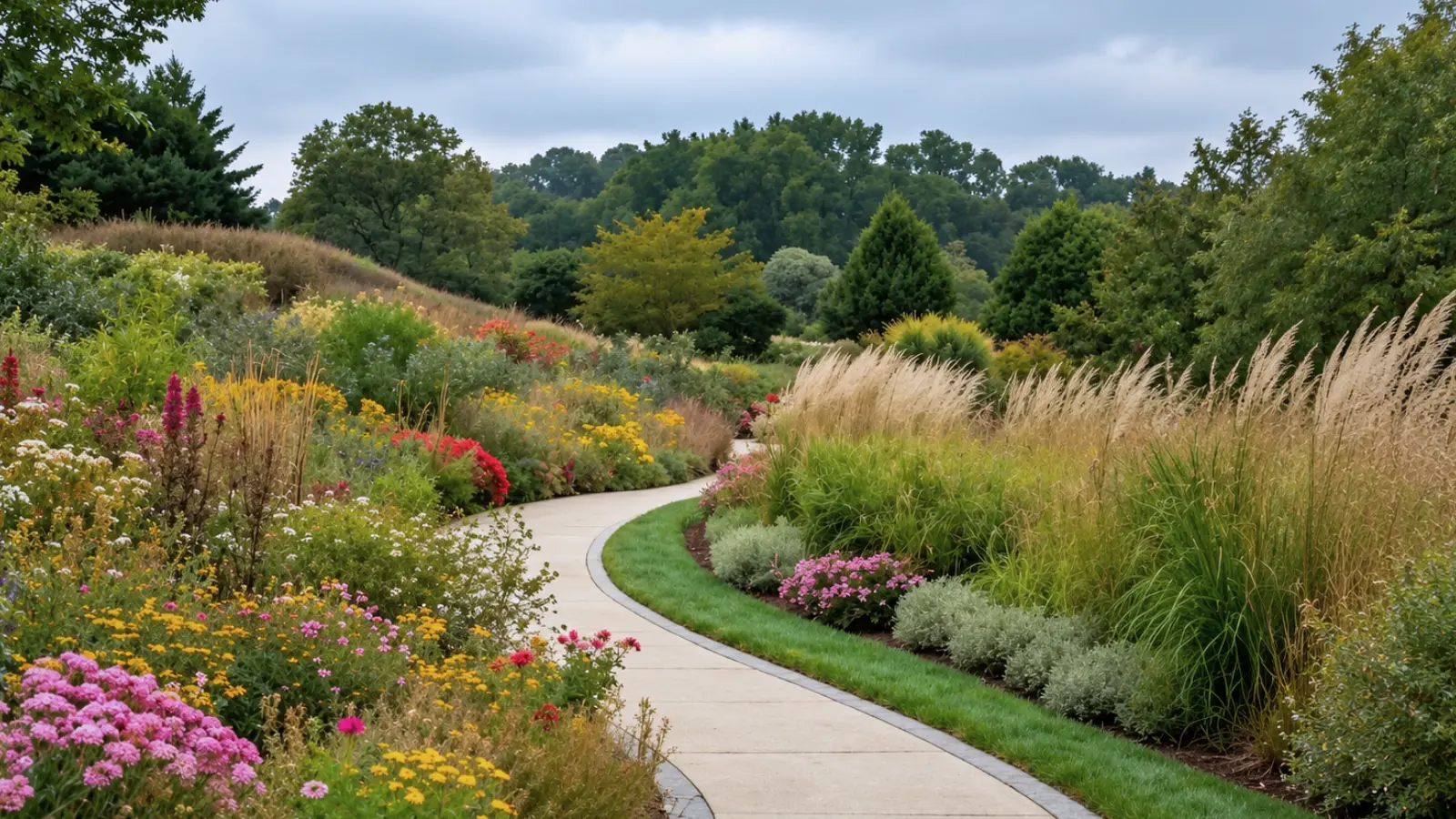 Wide smooth curved garden path bordered by colorful perennial flowers, ornamental grasses and layered planting with generous unobstructed space for easier movement