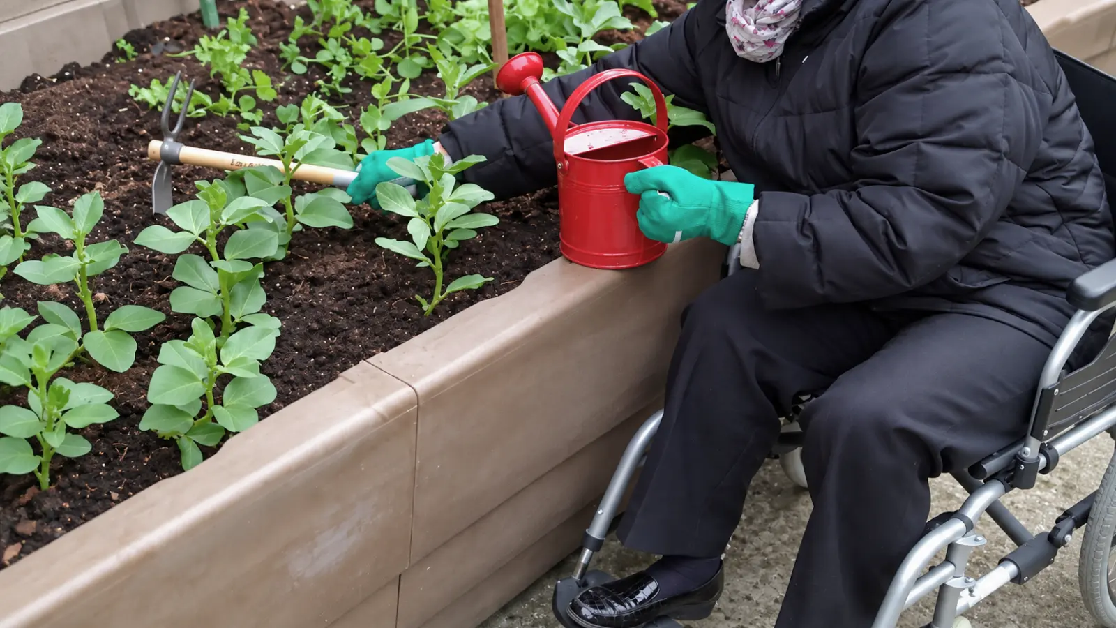 Wheelchair user tending young plants in an elevated garden bed with gardening tools and watering can positioned within easy reach in an accessible therapeutic garden