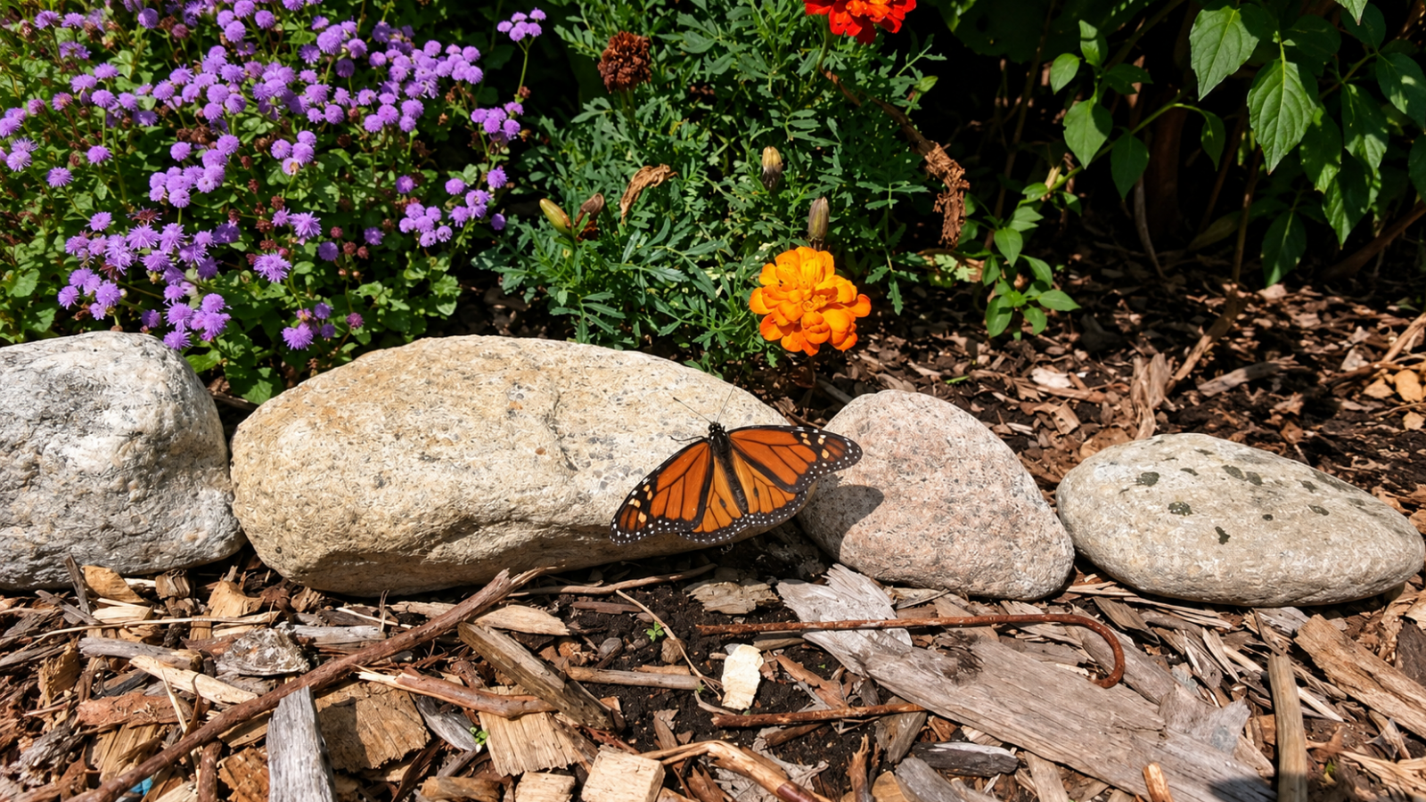 Butterfly resting near rocks, mulch and flowering plants in a sunny garden bed, showing how sheltered sunny spots can help create a more complete butterfly habitat