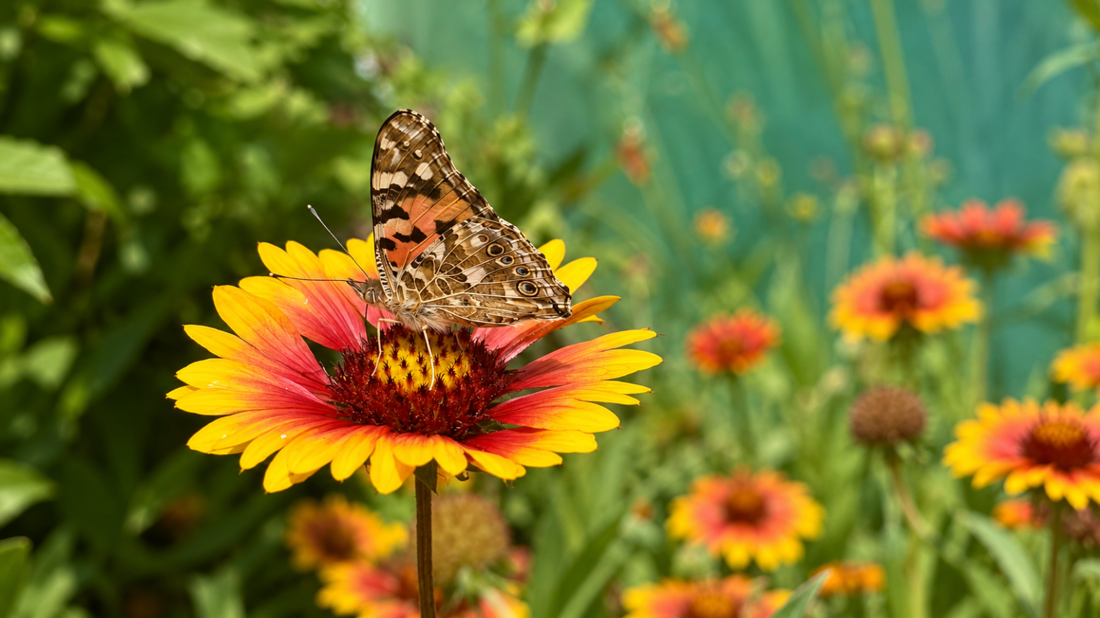 Butterfly feeding on a colorful nectar flower in a garden, showing how nectar-producing blooms provide food for adult butterflies