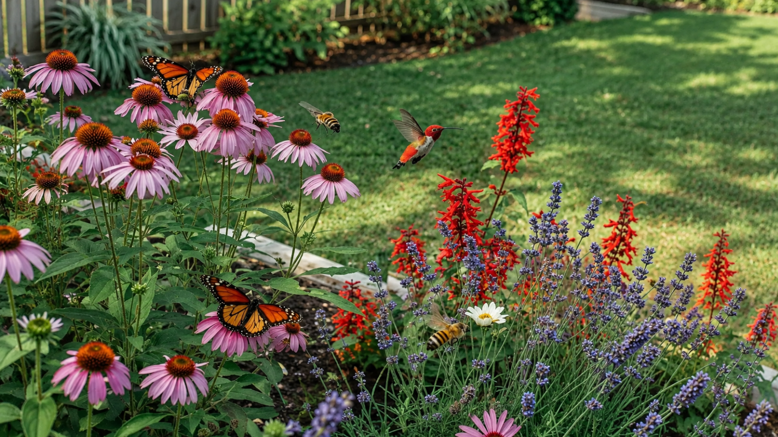 Butterflies and other pollinators visiting diverse nectar-rich flowers, showing how varied flowering plants can support a productive butterfly garden throughout the season