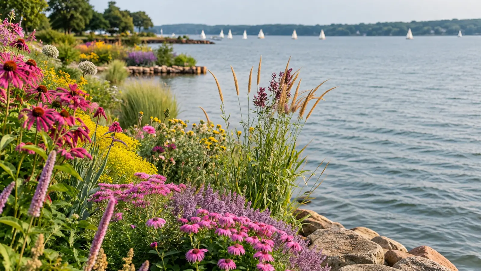 Colorful coastal garden beside the water with pink coneflowers, yellow and purple flowering perennials, ornamental grasses and rocky shoreline planting exposed to open seaside conditions