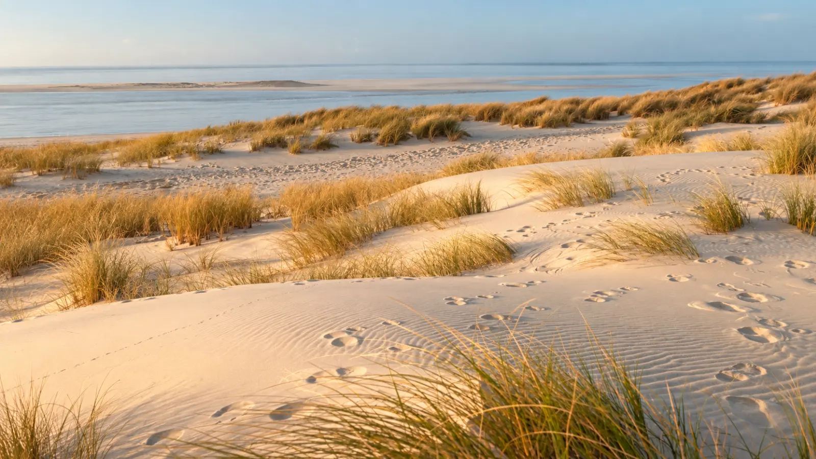 Natural coastal landscape with sandy dunes covered in beach grasses beside calm ocean water, showing vegetation adapted to wind, shifting sand and exposed seaside growing conditions