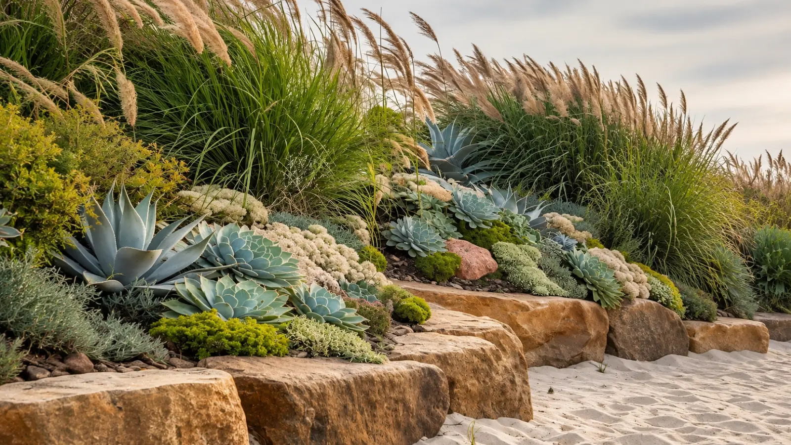 Coastal garden planted in sandy soil with blue-green agaves and succulents, low-growing groundcovers, large natural stones and tall ornamental grasses adapted to exposed seaside conditions