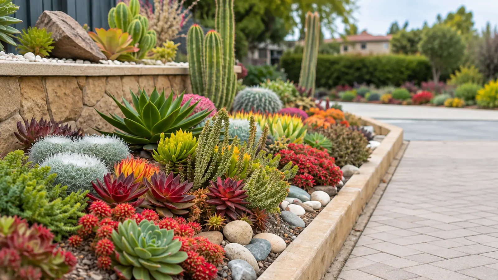 Colorful desert garden bed filled with cacti, agaves, rosette succulents, flowering groundcovers and decorative stones beside a paved walkway in a low-water residential landscape