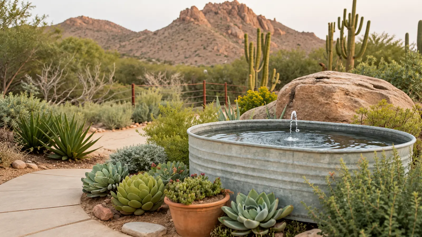 Desert garden with succulents, agaves, saguaro cacti and drought-tolerant shrubs surrounding a galvanized water feature with rocky mountains visible in the background