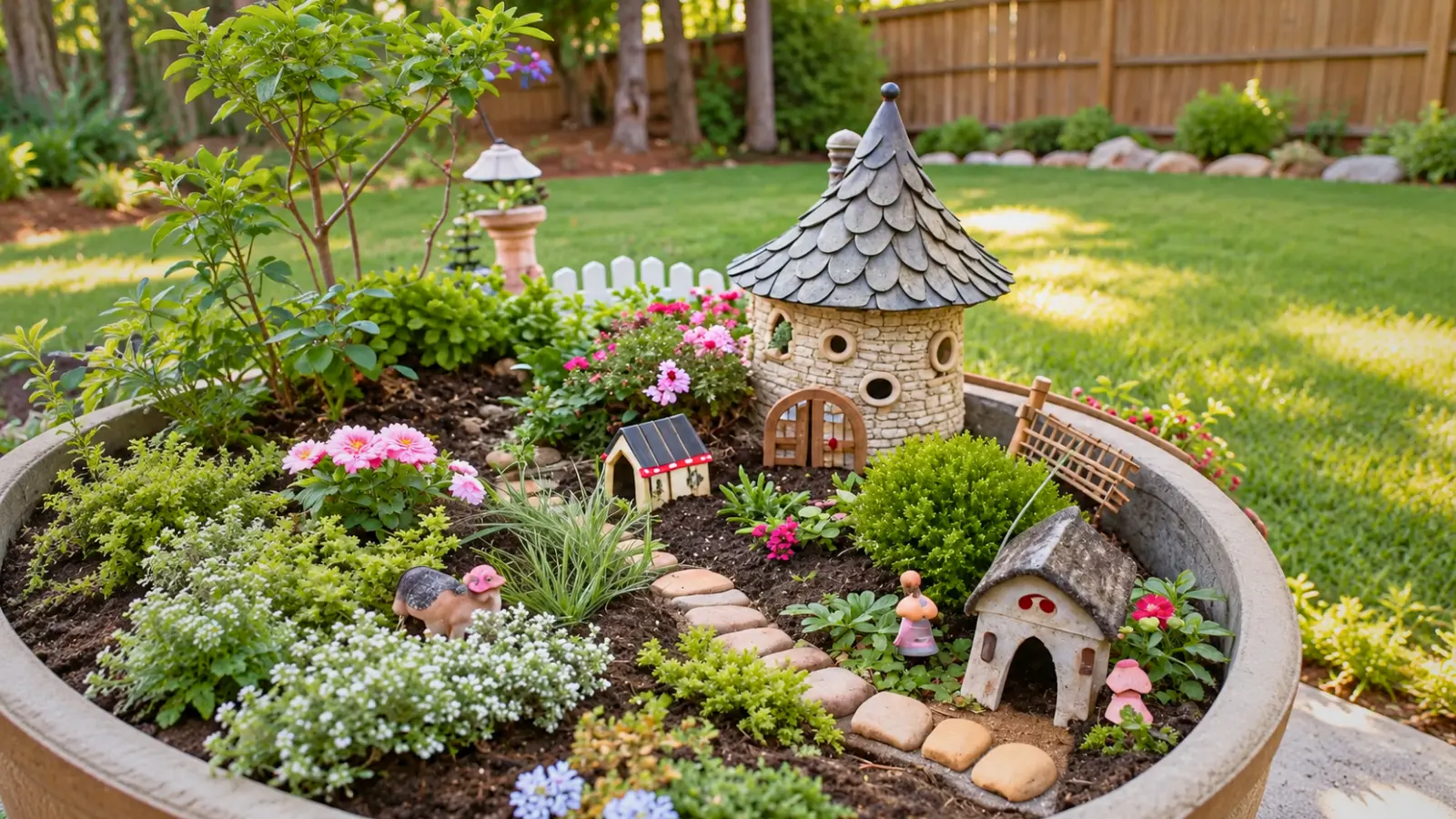 Fairy garden in a large outdoor container with miniature stone houses, a tiny pathway, small flowering plants, shrubs and whimsical garden decorations