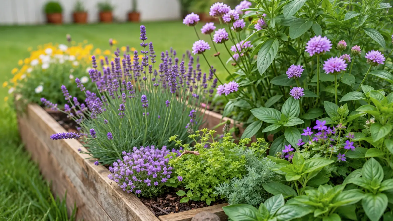 Raised sensory garden bed planted with fragrant lavender, flowering herbs and lush aromatic foliage in different shapes, heights, colors and textures for close-up sensory exploration
