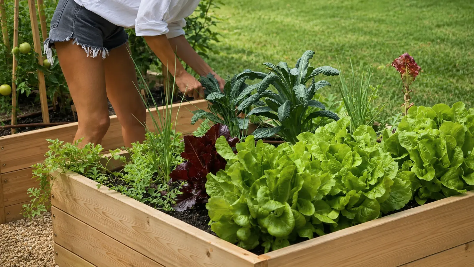Gardener tending vegetables and herbs in a raised garden bed, showing how organized planting areas and accessible bed layouts can simplify crop care and garden maintenance Garden Layout: How to Arrange Beds, Paths and Planting Areas