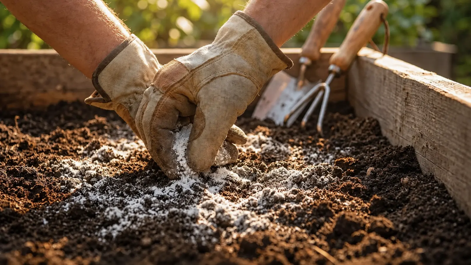 Gardener wearing work gloves mixing a white granular soil amendment into dark garden soil in a raised bed to improve growing conditions before planting