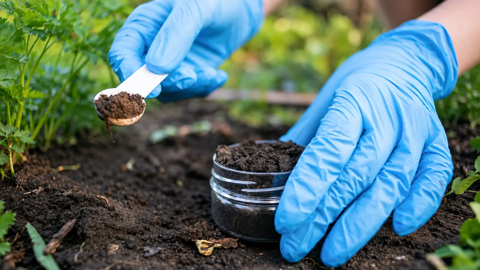 Gardener wearing protective gloves examining a garden soil sample with a small measuring spoon and clear container to assess soil before planting or adding amendments