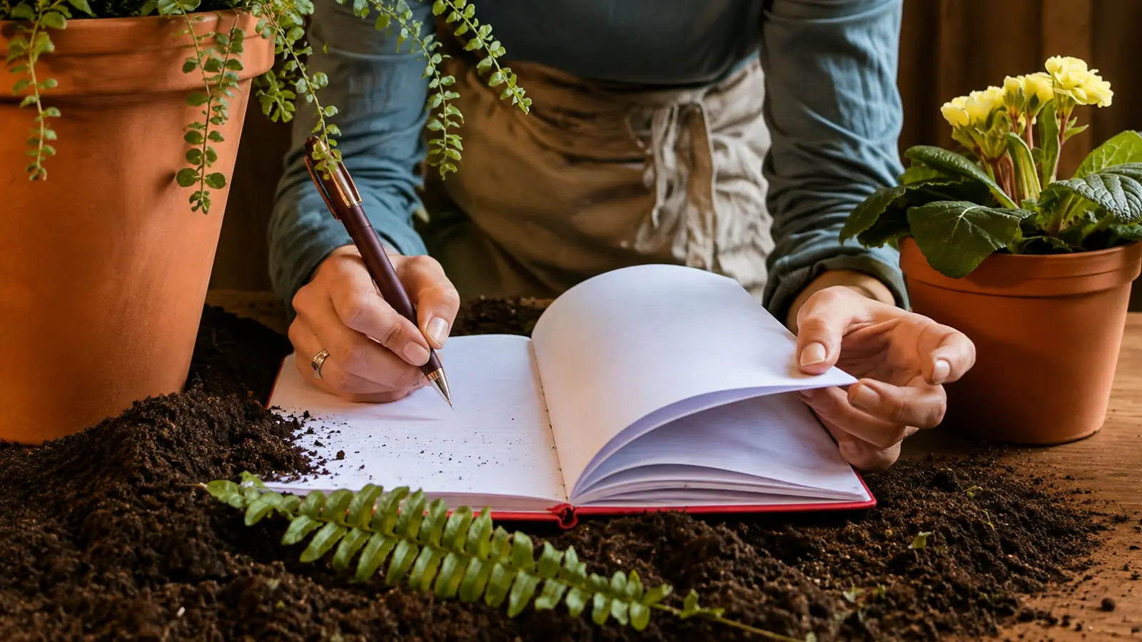 Gardener recording notes in a garden journal near potted plants and soil, showing practical gardening tips, planning and observation for a healthier garden