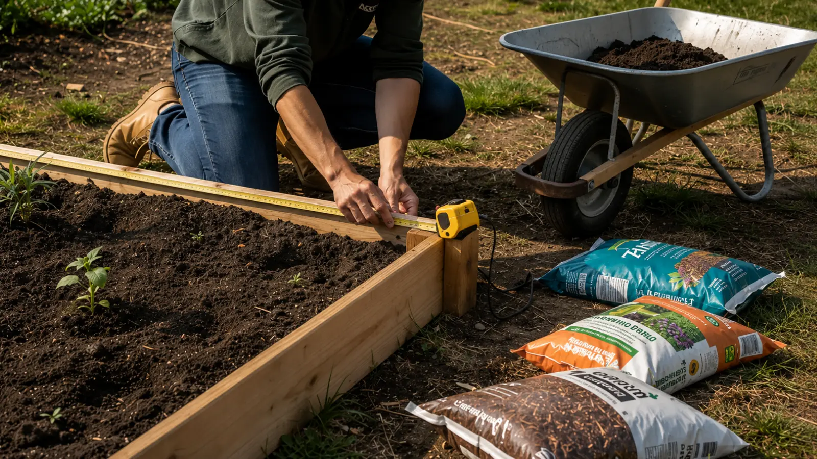 Gardener measuring a raised garden bed beside soil and supplies, showing garden layout planning, spacing and preparation before deciding where plants should be placed How to Plan a Garden