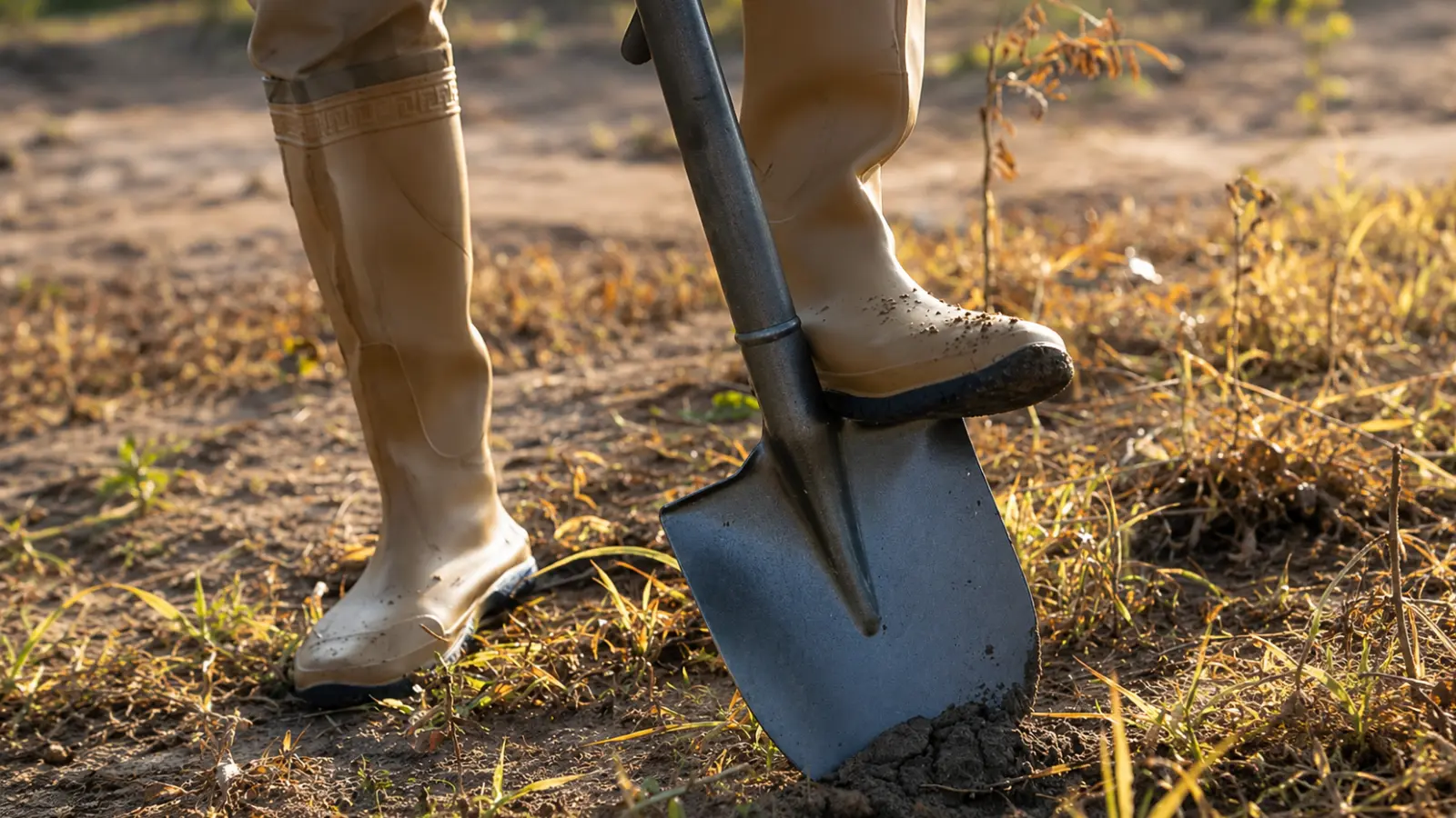 Gardener in rubber boots pushing a shovel into the soil, showing site preparation and the early groundwork involved in starting a new garden How to Start a Garden