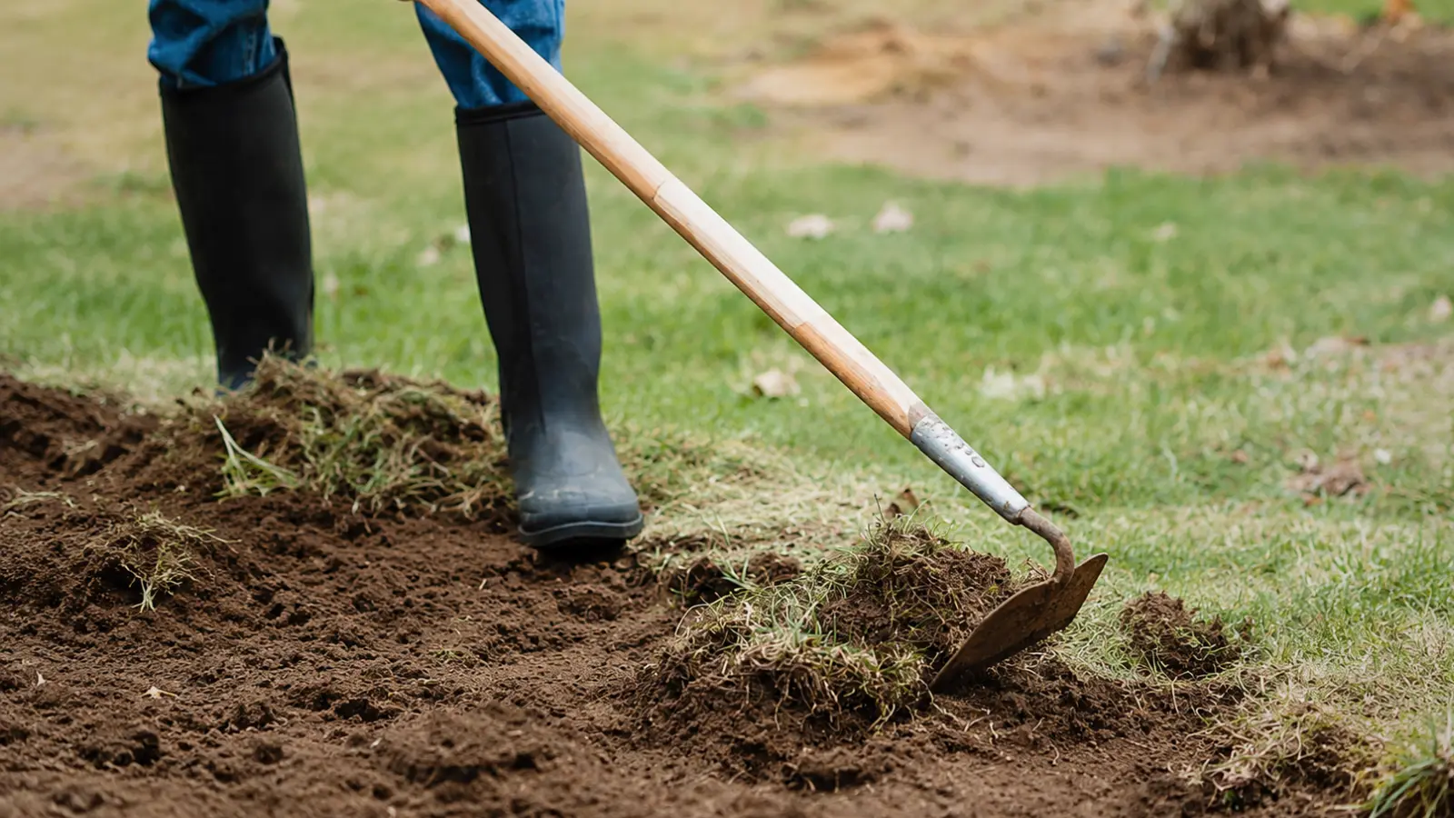 Gardener removing grass with a hoe while loosening soil, showing garden bed preparation and a practical early step in starting a garden from scratch