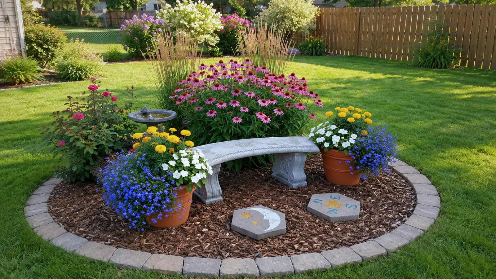 Small memorial garden with a curved stone bench, birdbath, flowering coneflowers, roses and colorful containers arranged within a defined circular planting area