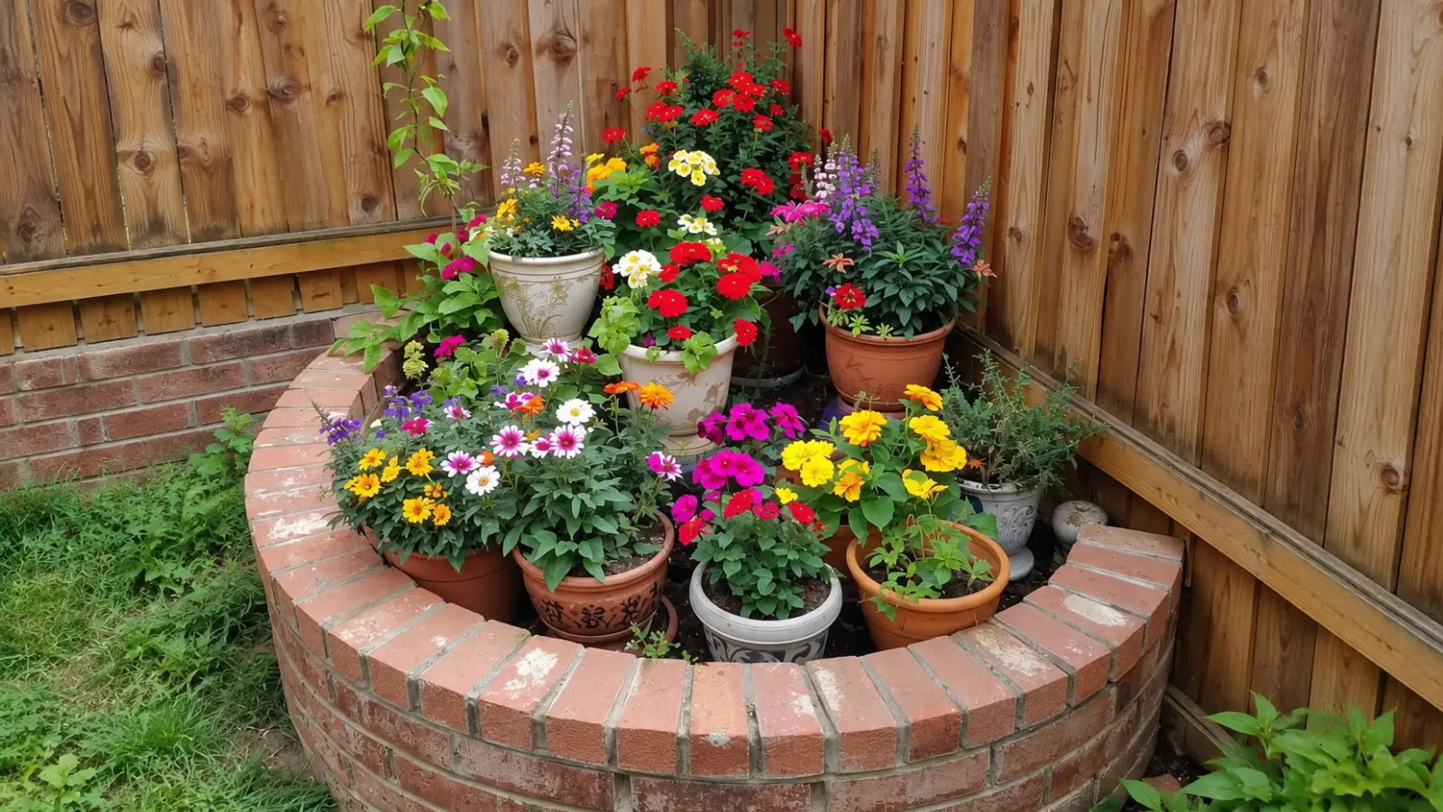 Colorful container flowers arranged inside a curved brick garden bed beside a wooden fence, creating a compact and personal memorial garden in a backyard corner