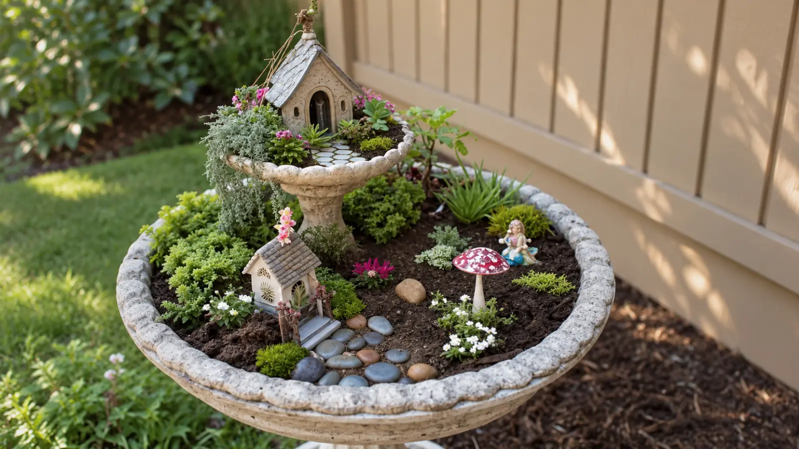 Miniature fairy garden created in a raised birdbath planter with tiny houses, a pebble pathway, succulents, trailing foliage and small flowering plants