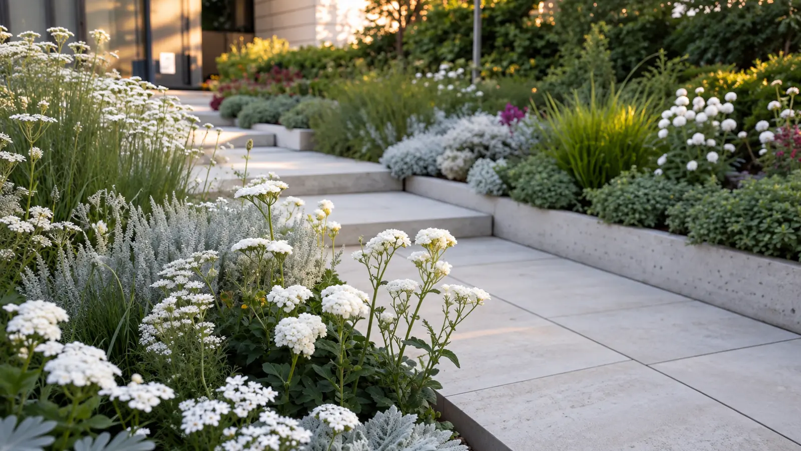 Moon garden pathway bordered by abundant white flowers, silver foliage, ornamental grasses and layered greenery glowing softly in the warm light of early evening