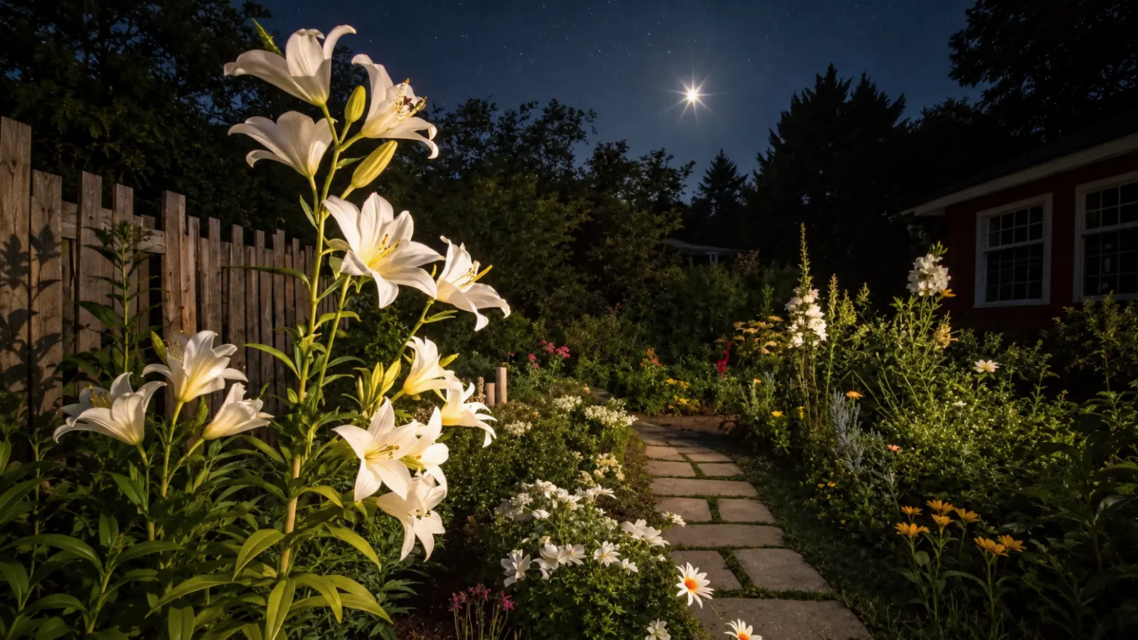 Moon garden at night with luminous white lilies and pale flowers lining a stone pathway beneath a dark sky, creating a bright and inviting nighttime garden scene