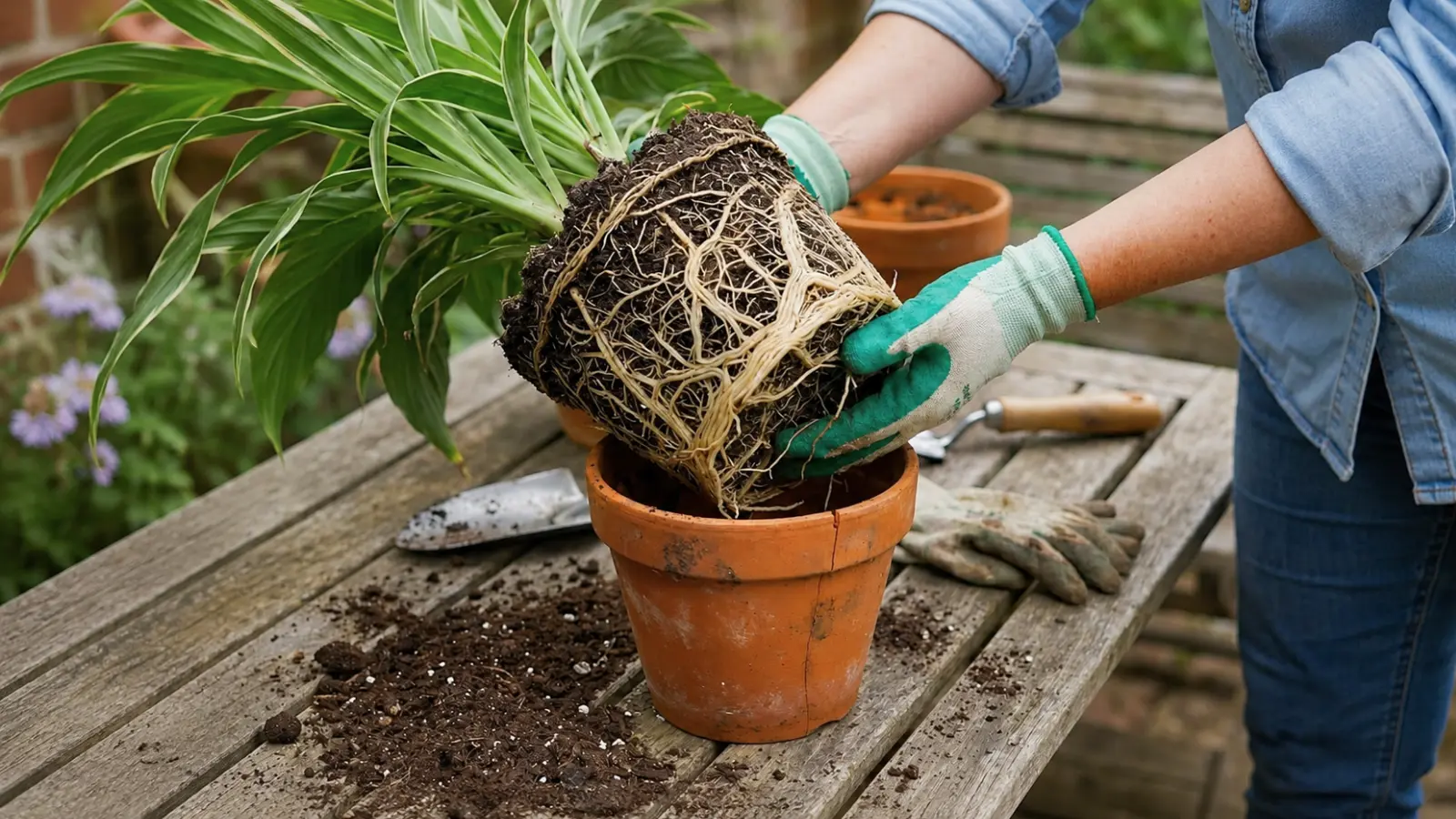 Gardener removing a rootbound plant from its pot, showing transplant handling and the importance of preparing roots correctly before planting in the garden Planting a Garden: A Step-by-Step Guide for Seeds and Transplants