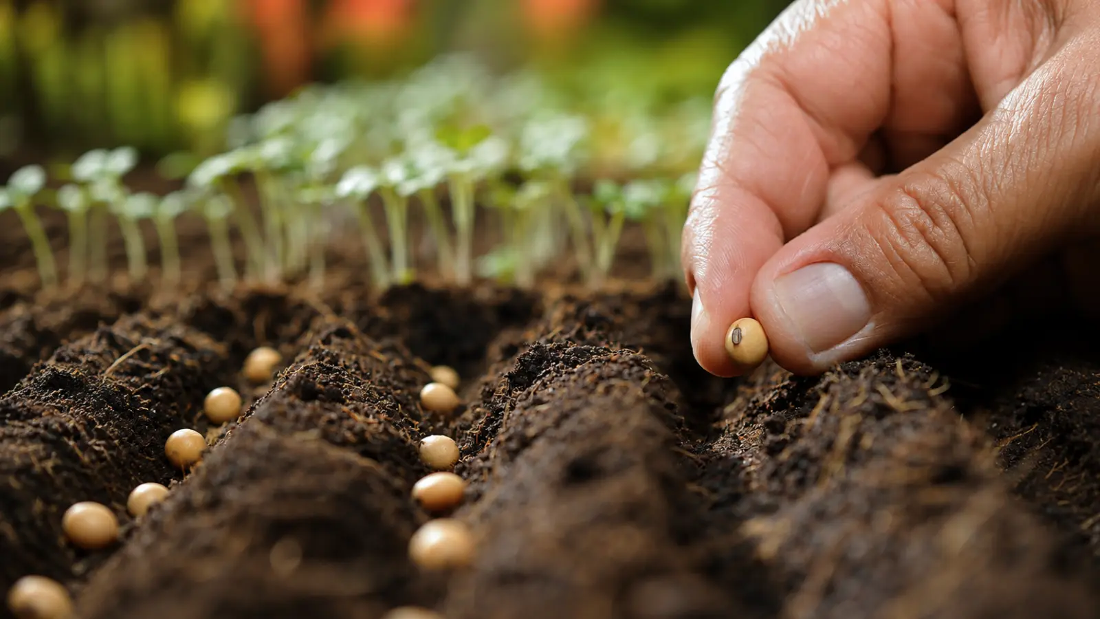Close-up of a hand sowing seeds into prepared garden rows, showing the seed-planting process and an essential step in starting a garden from seed