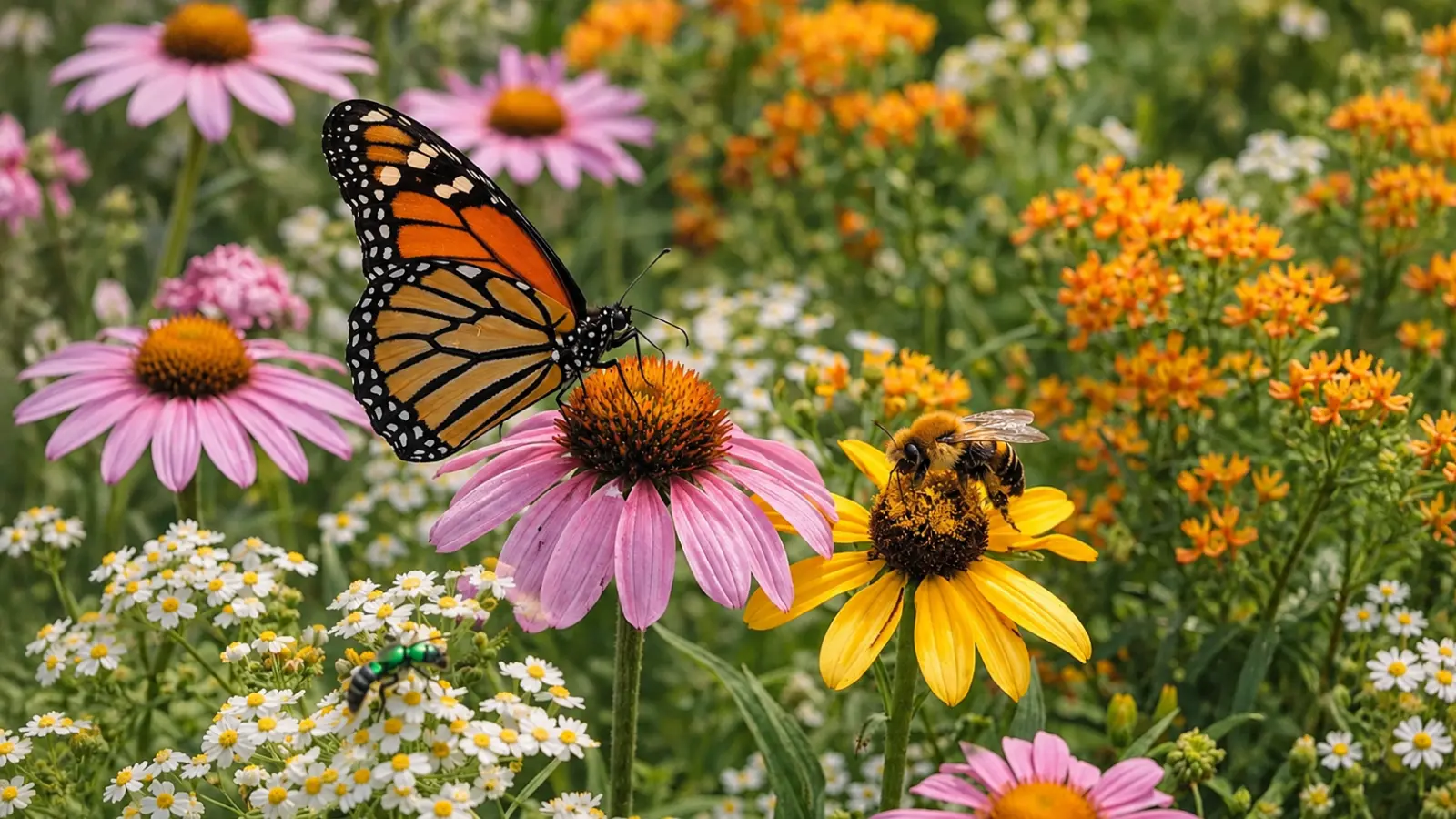 Butterfly and bee visiting diverse flowers in a pollinator garden, showing how varied blooms provide nectar and pollen for different pollinator species