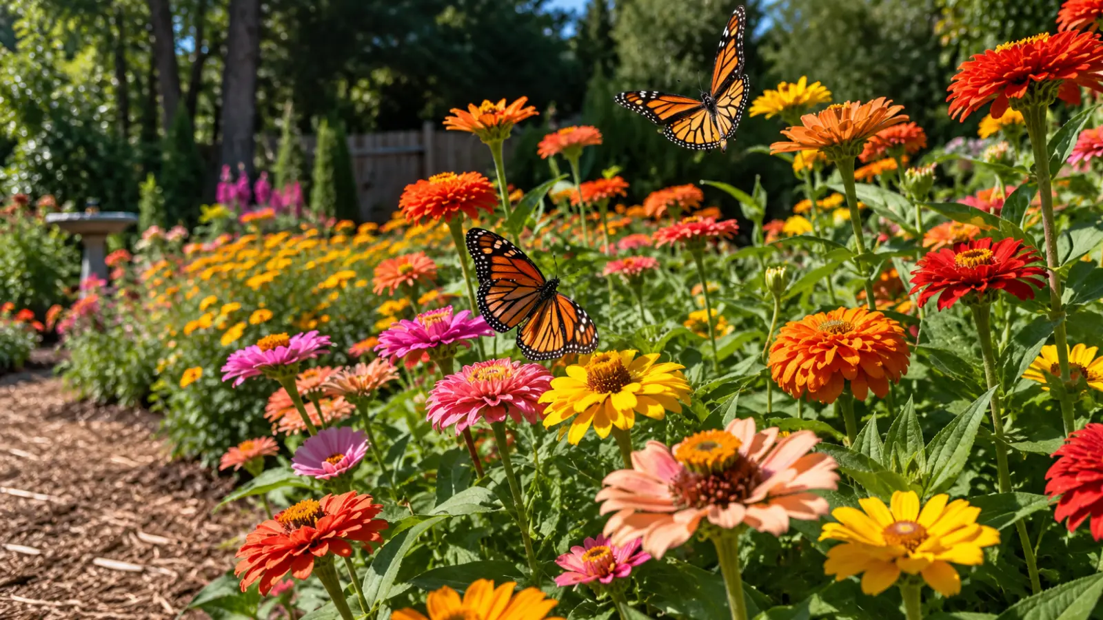 Monarch butterflies visiting colorful nectar-rich flowers in a pollinator garden, showing how abundant blooms provide feeding resources for adult butterflies