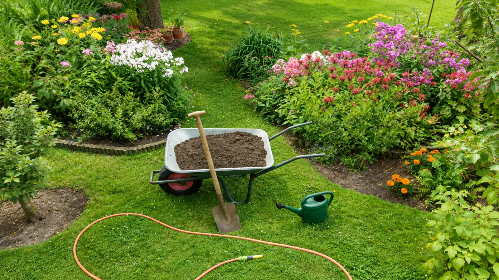 Wheelbarrow of soil with shovel, watering can and garden hose arranged for a residential rain garden project