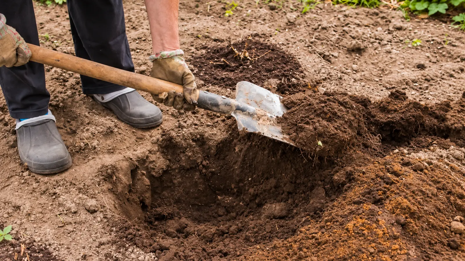 Gardener excavating soil with a shovel while creating the shallow basin for a residential rain garden