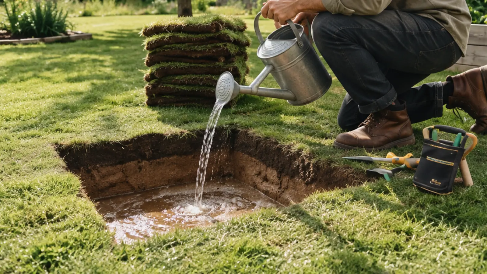 Gardener pouring water into an excavated test hole to evaluate soil infiltration before building a rain garden Rain Garden Design: How to Plan and Build a Rain Garden