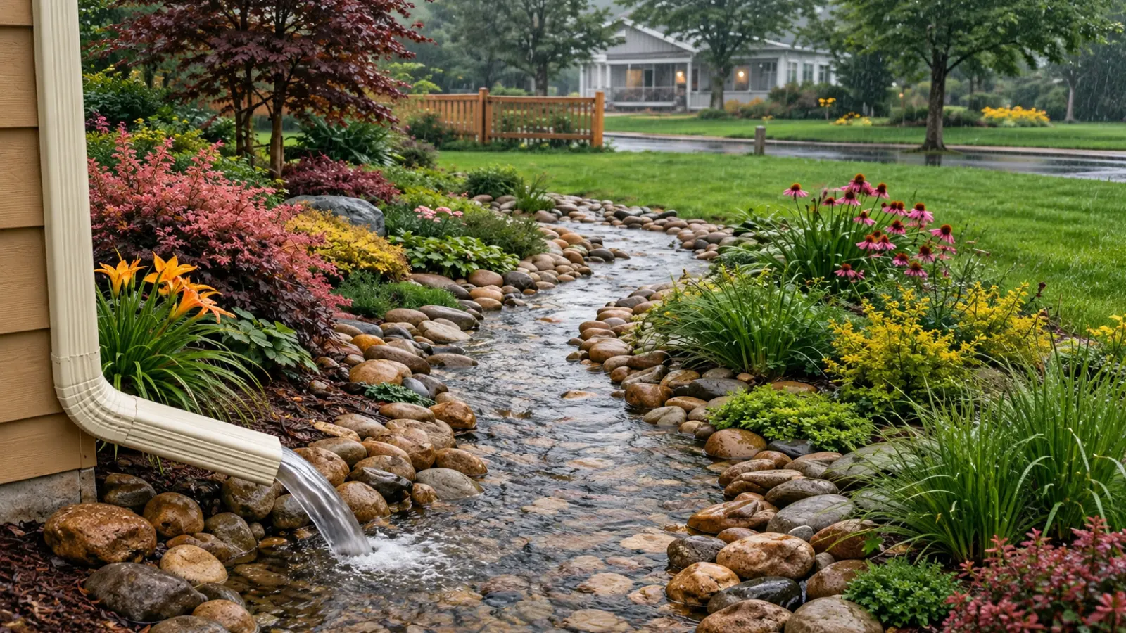 House downspout directing roof runoff into a rock-lined rain garden channel surrounded by flowering plants Rain Garden: What It Is, How It Works and Where to Put One