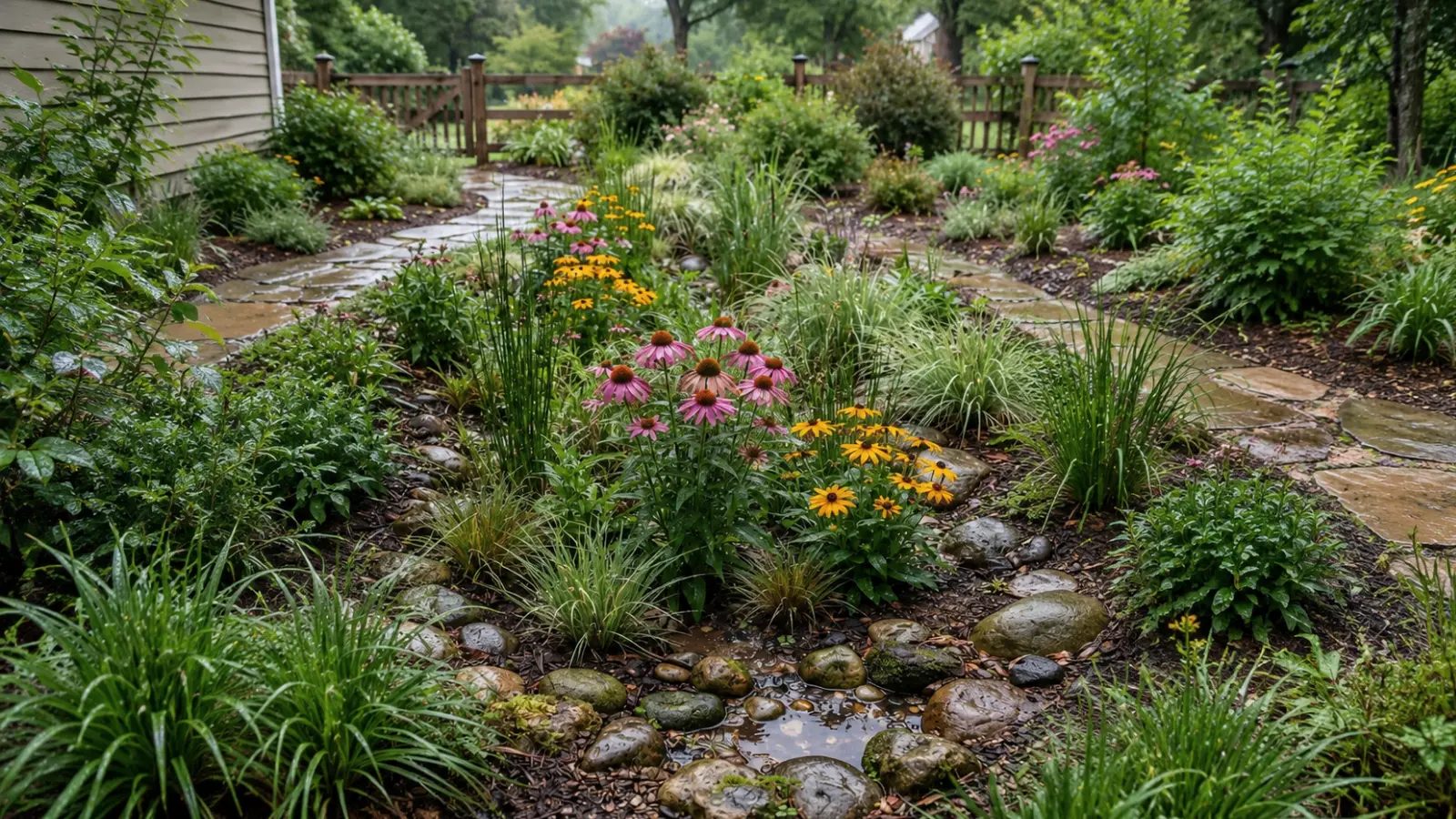 Rain garden basin planted with coneflowers, ornamental grasses and moisture-tolerant plants after rainfall