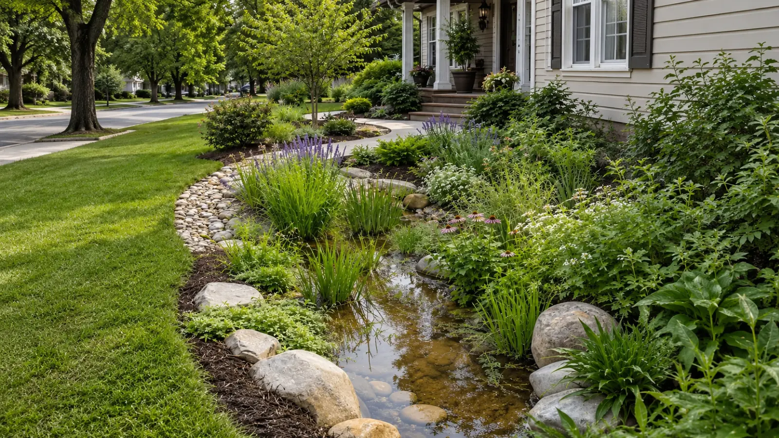 Residential rain garden with layered grasses, flowering perennials and shrubs arranged across basin, middle and edge zones