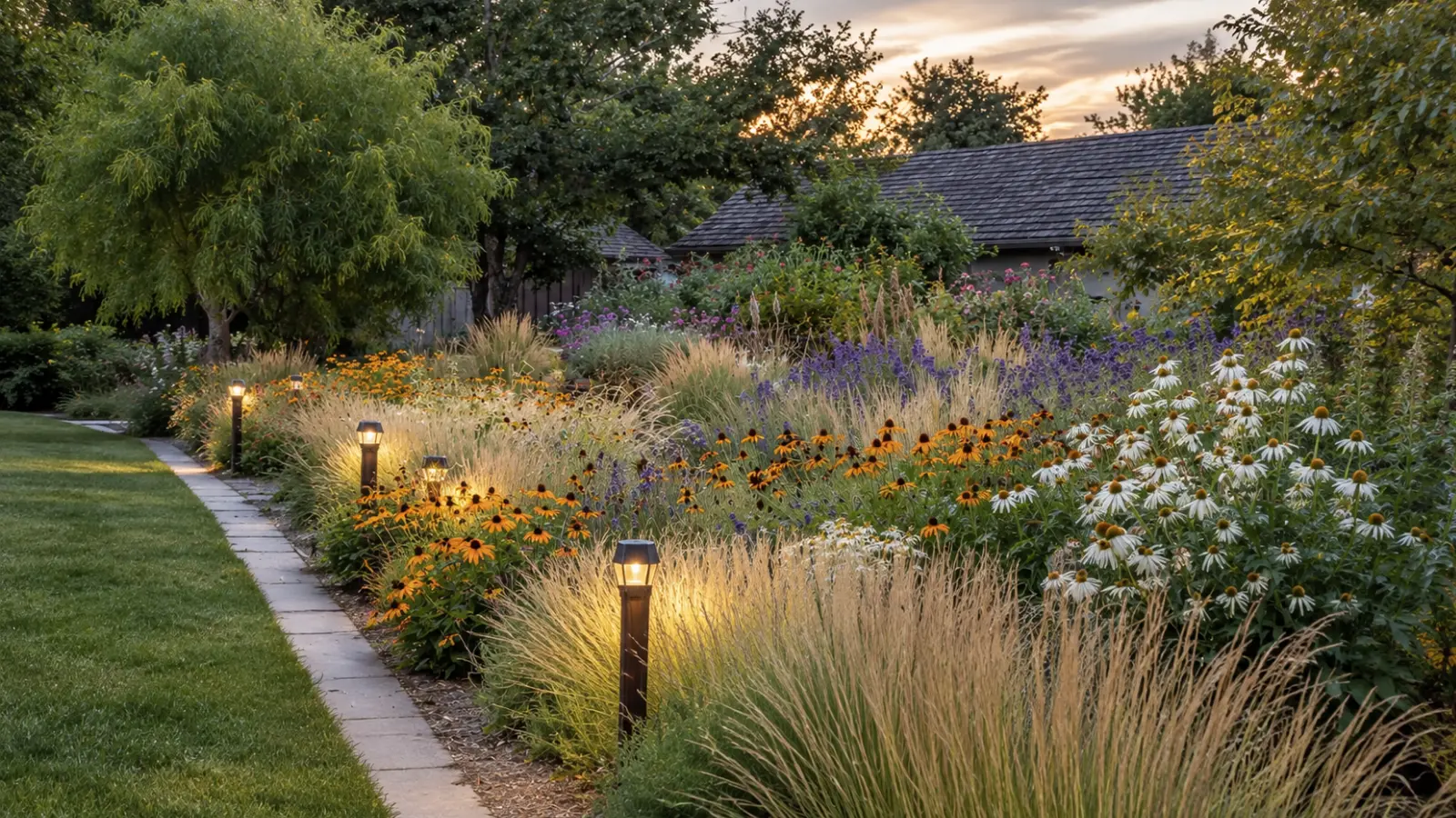 Established garden border with coneflowers, flowering perennials and ornamental grasses suitable for the drier edges of a rain garden