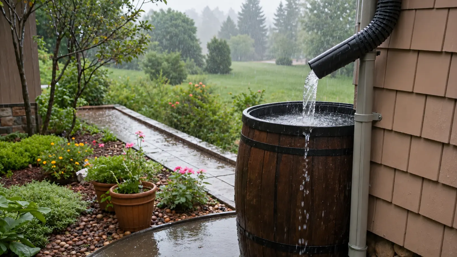 Residential rain barrel receiving stormwater from a roof downspout, illustrating a complementary method for managing runoff around a rain garden
