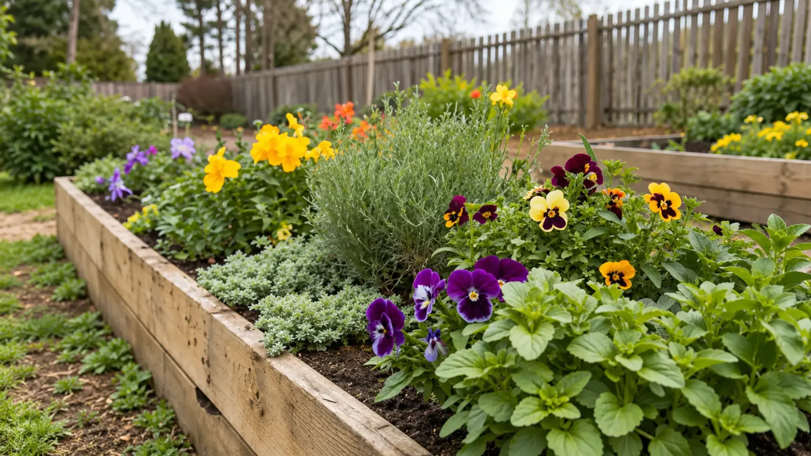 Raised sensory garden bed filled with purple and yellow pansies, aromatic herbs, soft silver foliage and leafy plants selected to provide contrasting colors, scents and textures