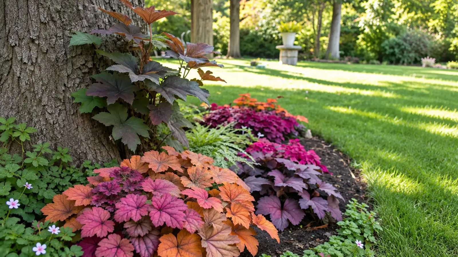 Colorful shade plants with burgundy, pink, orange and green foliage growing beneath a mature tree