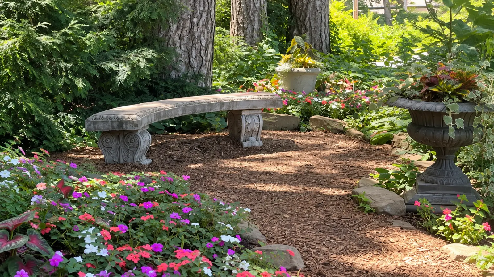 Shaded memorial garden with a curved stone bench beneath mature trees, surrounded by colorful flowers, leafy plants and decorative containers in a secluded setting