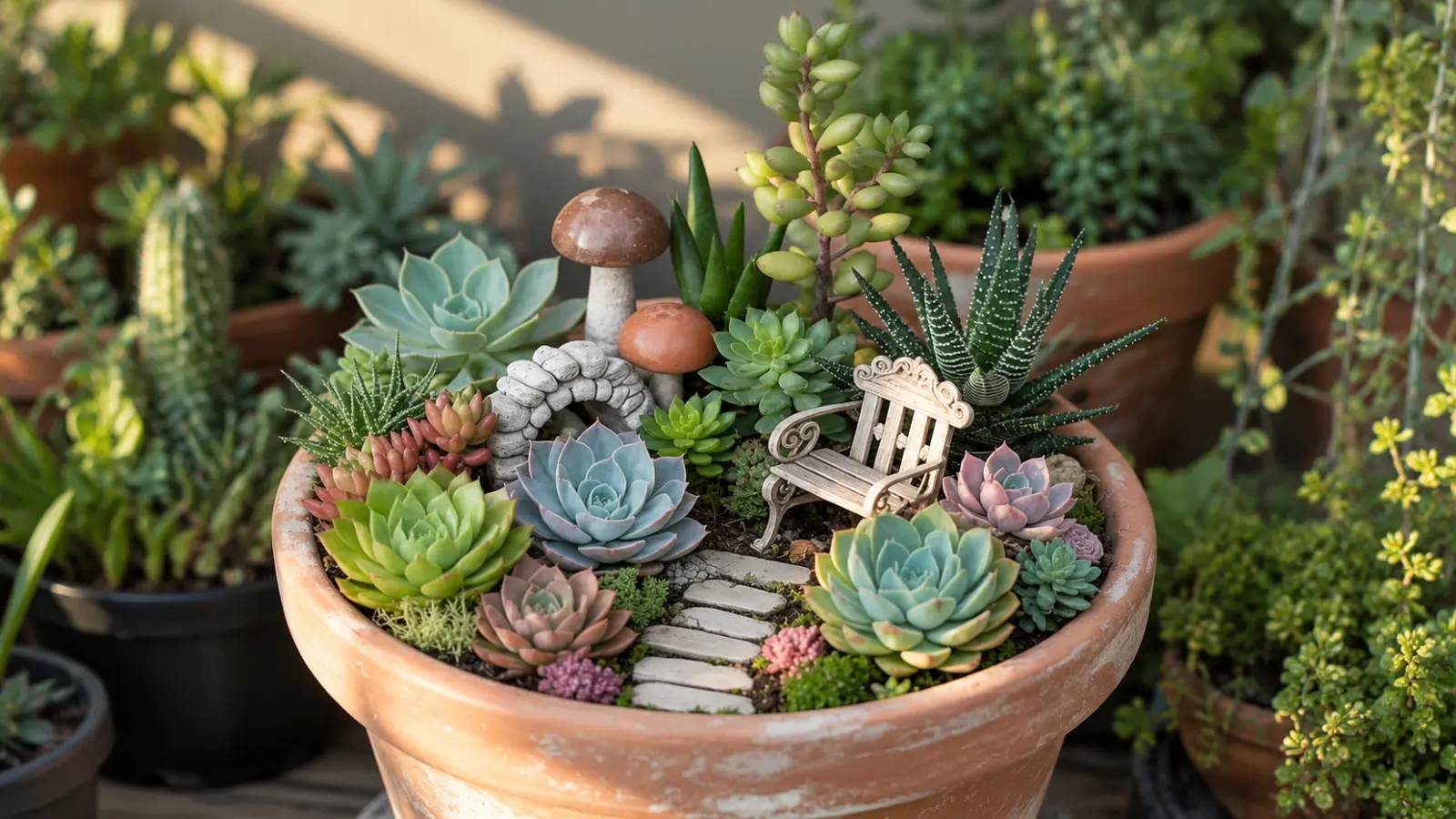 Succulent fairy garden in a terracotta pot with miniature bench, stone pathway, decorative mushrooms and colorful rosette succulents arranged as a tiny landscape