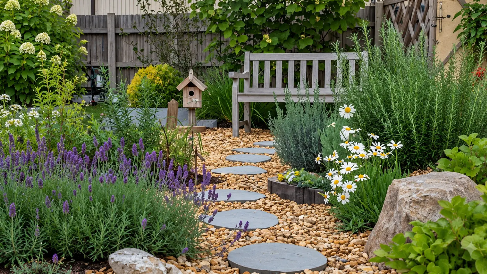 Accessible therapeutic garden with stepping path, wooden bench, lavender, daisies, rosemary and layered greenery arranged around a quiet seating area