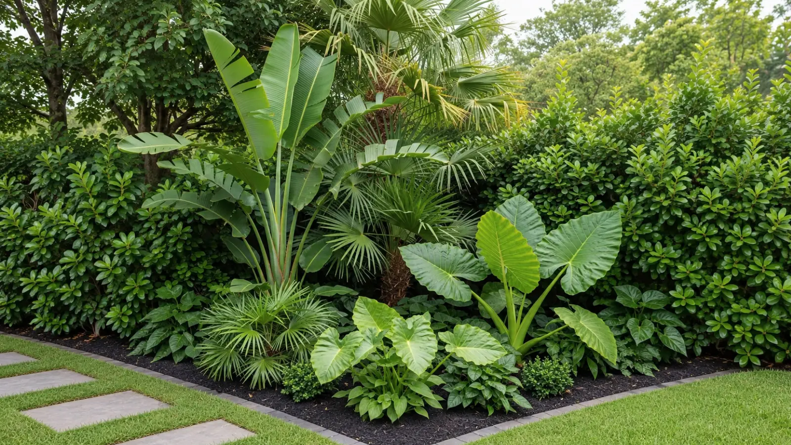 Lush tropical-style planting featuring palms, large elephant ear foliage and dense evergreen shrubs arranged in layered greenery beside a lawn