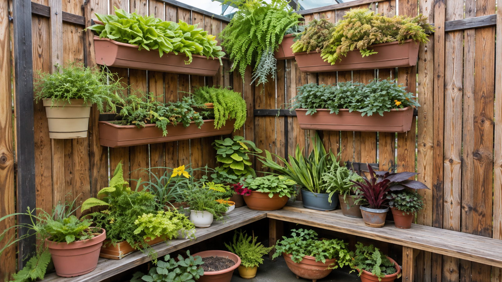 Potted plants and wall-mounted planters arranged along a wooden fence, showing container and vertical gardening methods that make productive use of a small outdoor space