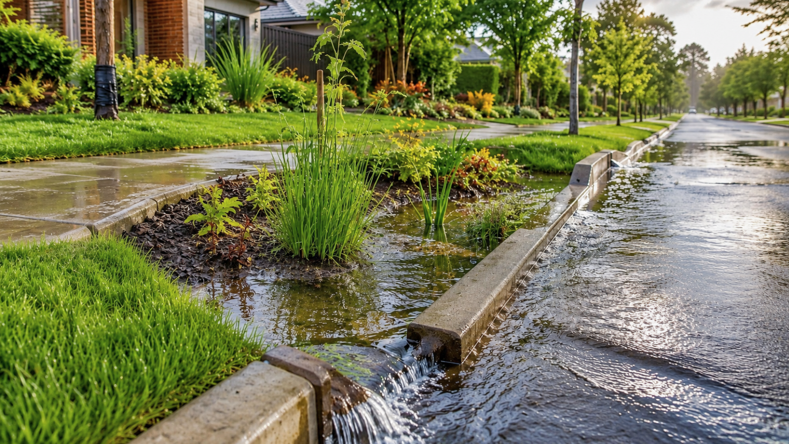 Planted rain garden holding runoff beside a residential street after rainfall, showing a habitat-based garden type designed to slow, absorb and manage excess stormwater