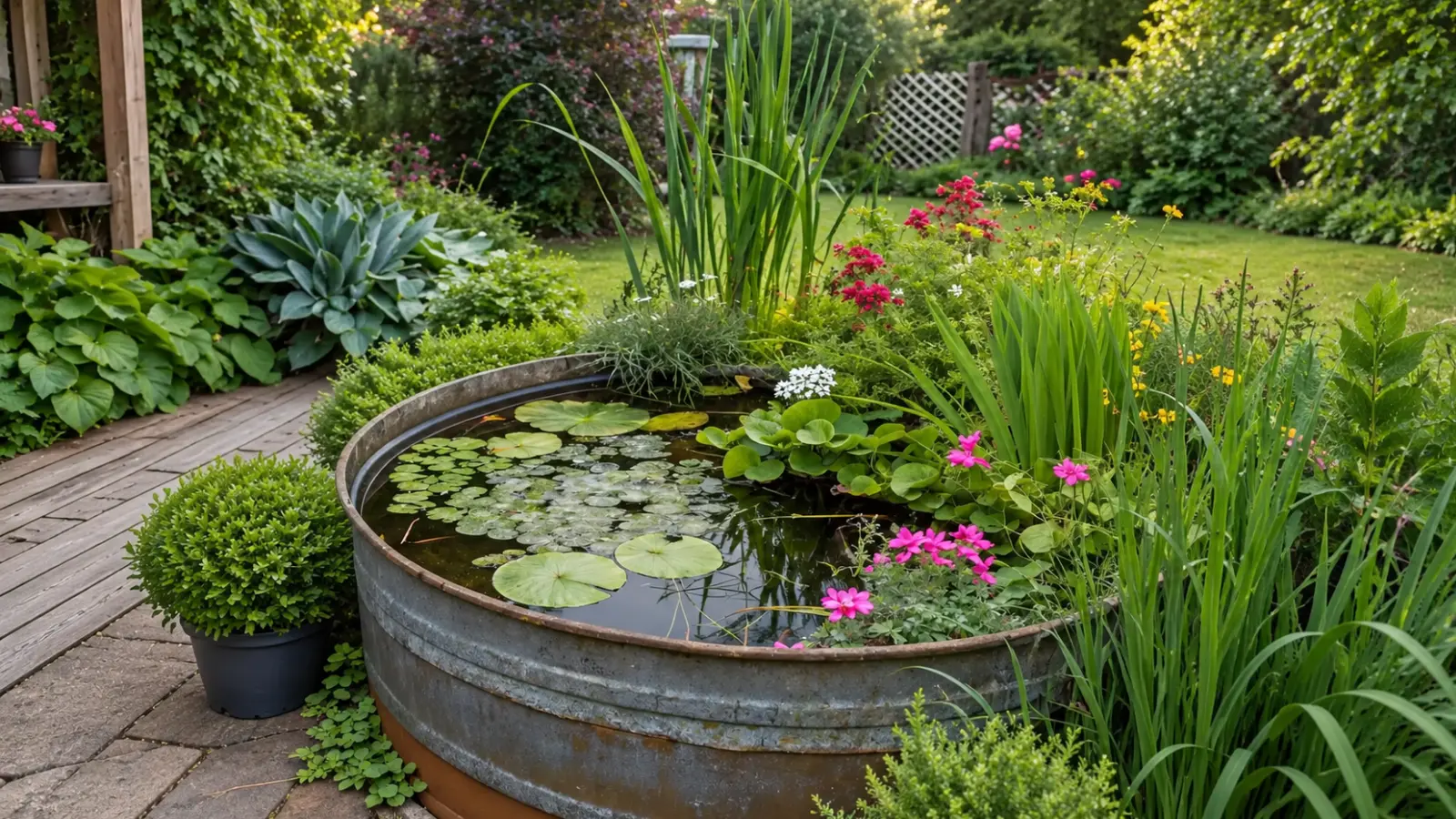 Container water garden with water lilies, floating foliage and tall emergent aquatic plants in a landscaped backyard Water Garden: How to Plan a Garden With Aquatic Plants