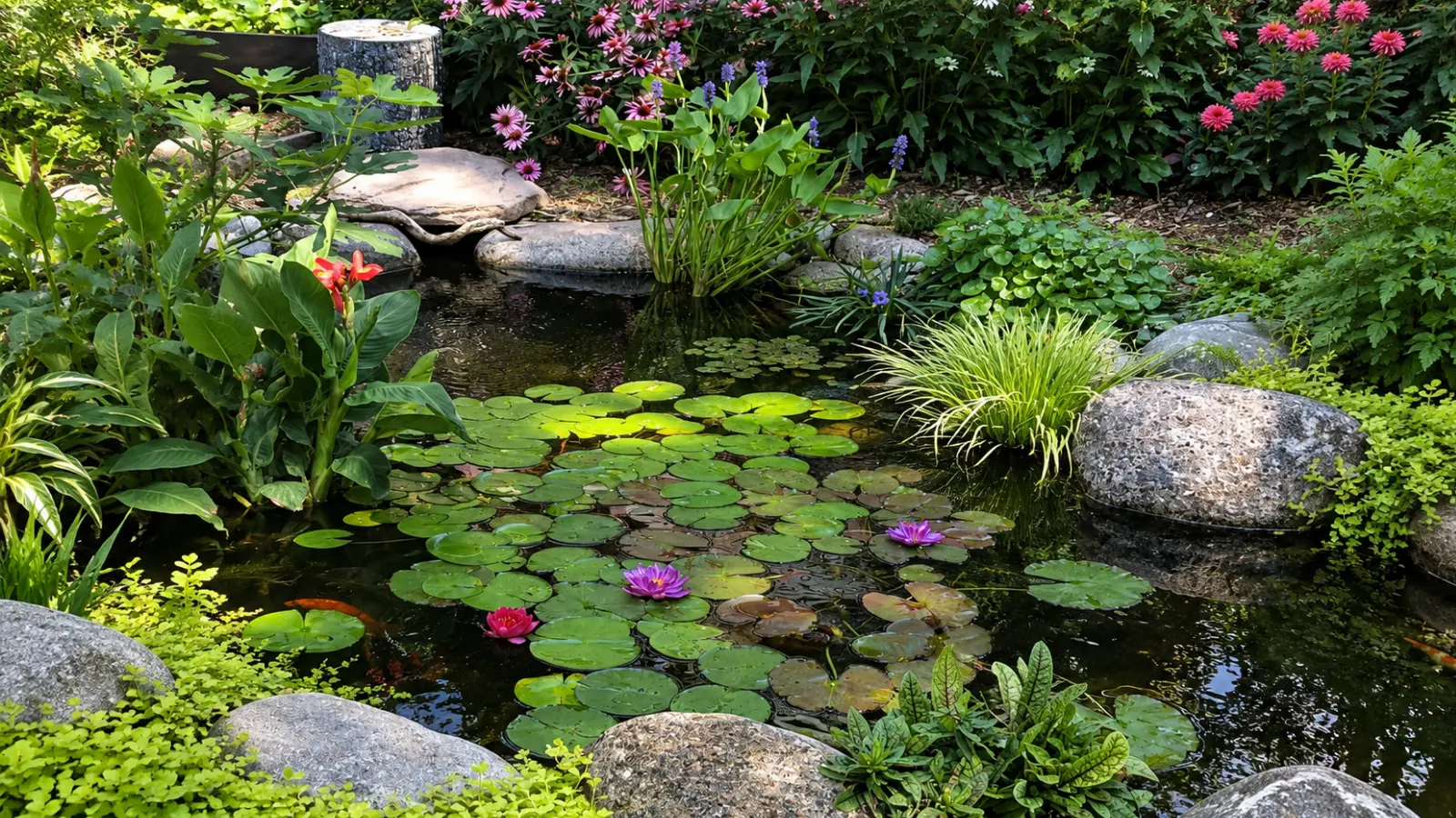 Water garden pond with water lilies, aquatic plants, ornamental fish, stone edging and a small cascading waterfall