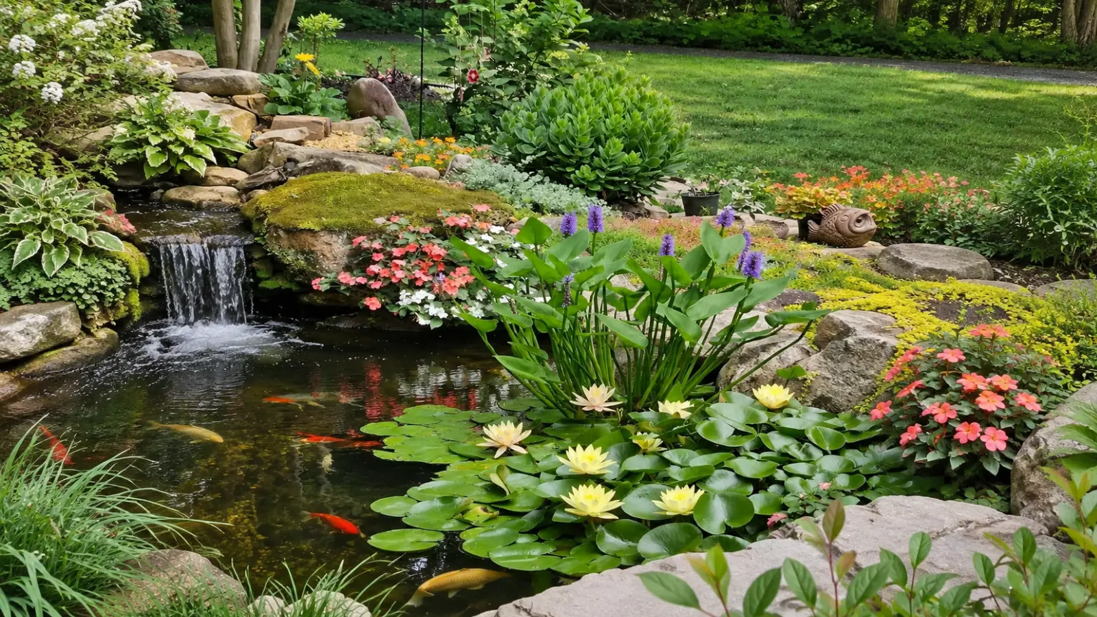 Backyard water garden with water lilies, marginal aquatic plants, rocks and dense vegetation surrounding the pond