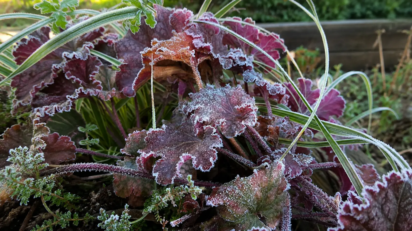 Garden plants coated with frost crystals after cold weather, showing frost risk, seasonal temperature changes and why local frost dates matter when starting a garden